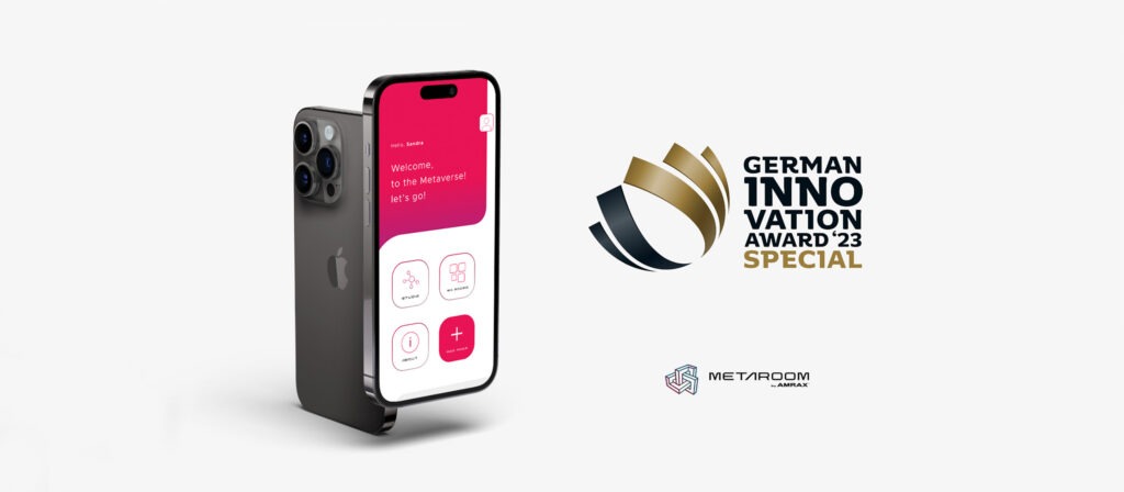 iPhone with Metaroom App and German Innovation award logo