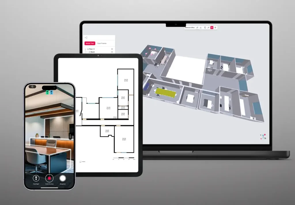 Image showing an iPhone with the scanner UI, an iPad with a 2D Floor plan and a laptop with a finished 3d model.