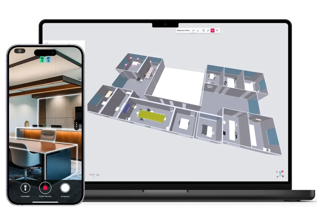 The image shows the Metaroom platform: a combination of a 3D scanning app for iPhone Pro and how the 3D model looks on a desktop device.