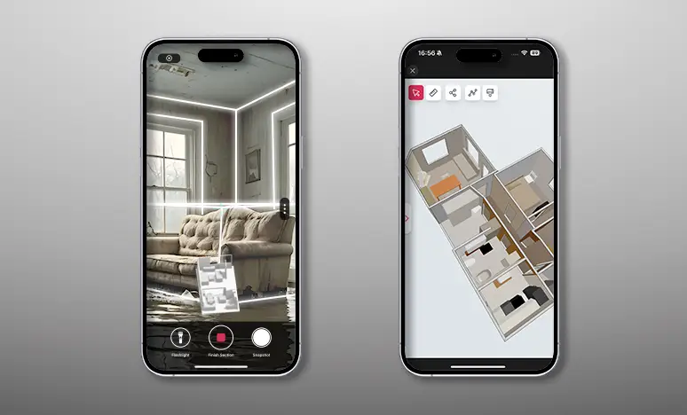 Image of an iphone showing the Metaroom scanner UI on a living room with water damage and another iPhone showing a real 3D model of the property.