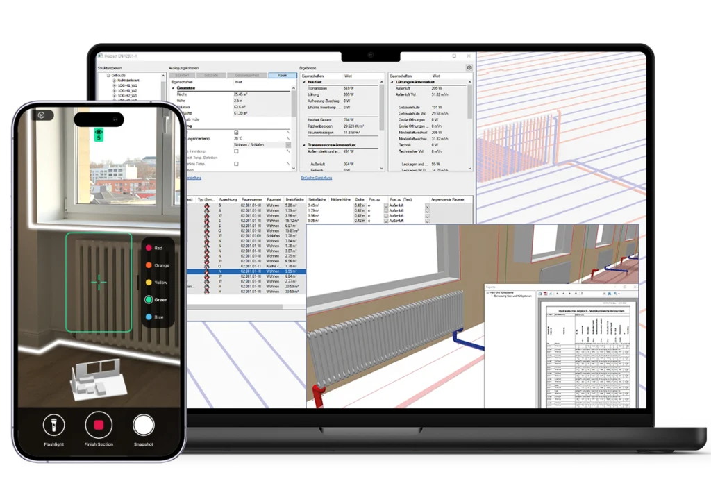 Image of a laptop showing DDScad and an iPhone showing a live scan with Metaroom App
