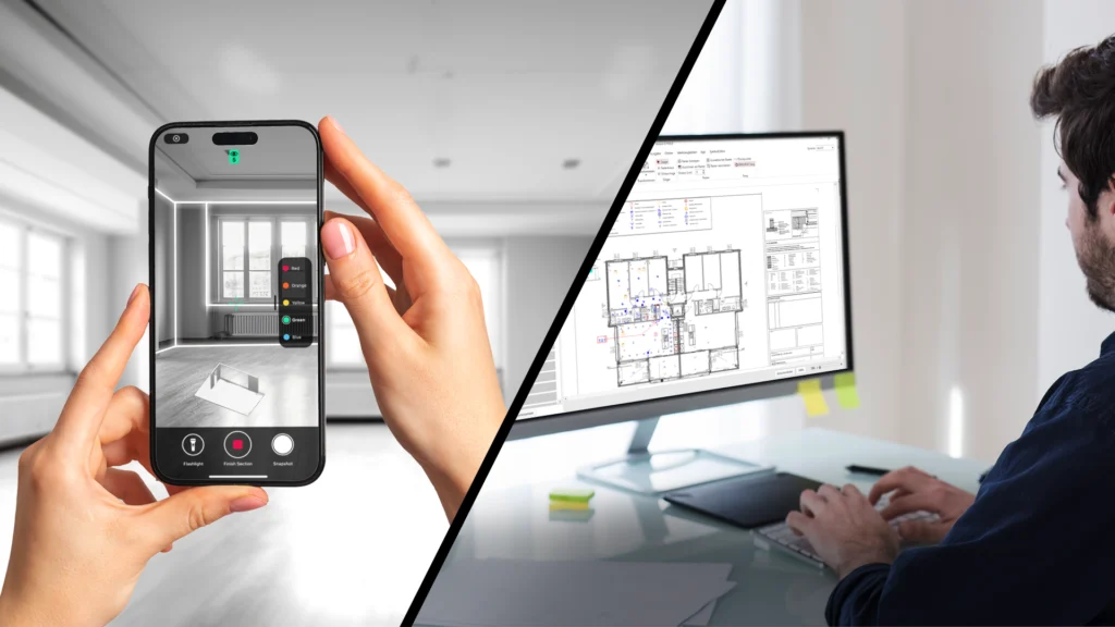 Split screen showing two hands with an iPhone pro on the left and a young man working on his computer on the right.