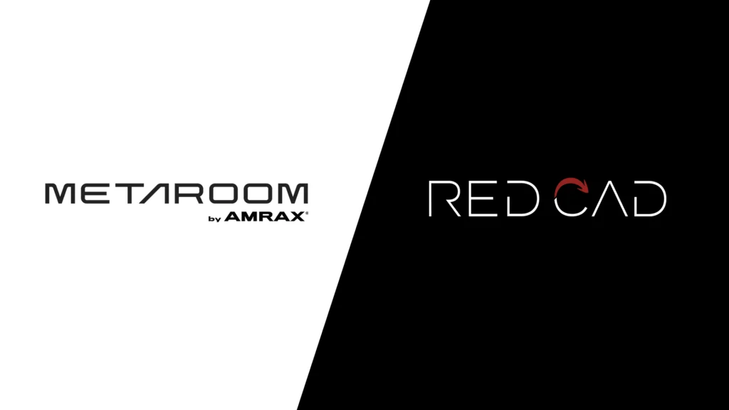 Split screen with a Metaroom Logo on the left and a RedCad logo on the right.