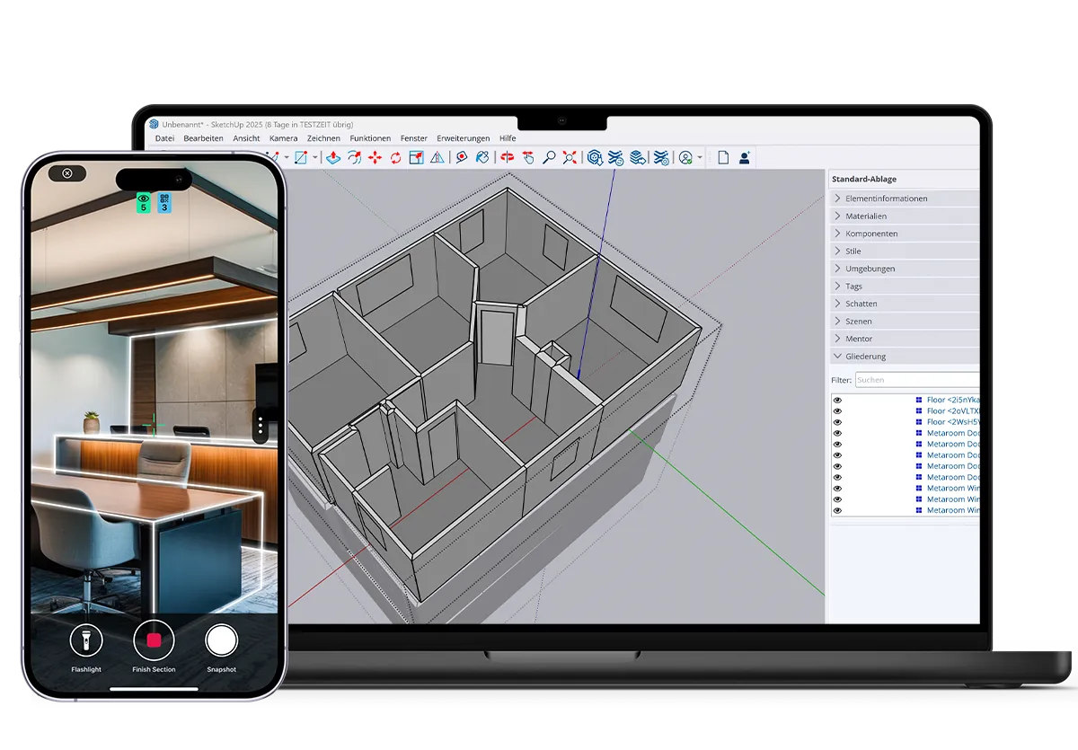 an iphone showing the Metaroom Scan app on the screen and a laptop showing SketchUp on the screen