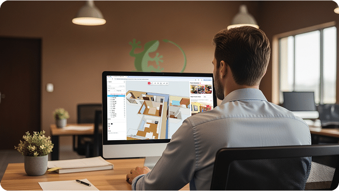 Man working on Metaroom workspace on desktop computer