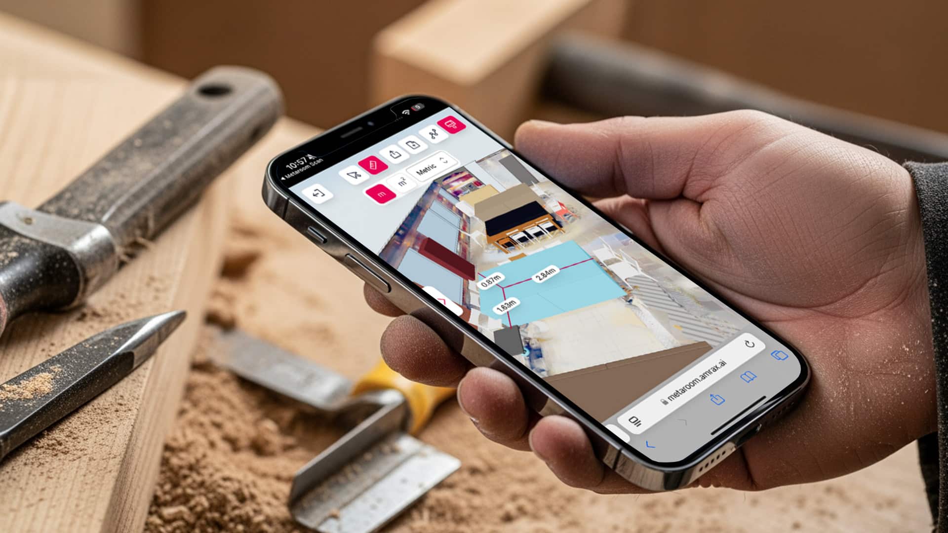 hand holding a phone with metaroom app