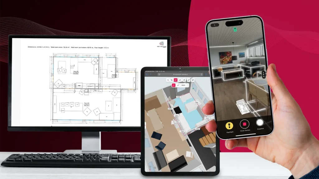 an iphone showing a 3D scan of an apartment, an ipad showing a 3D model on the screen and a computer showing a 2d floor plan on the screen.