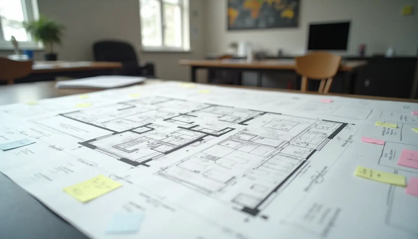 Messy floor plan with annotations and sticky notes around.