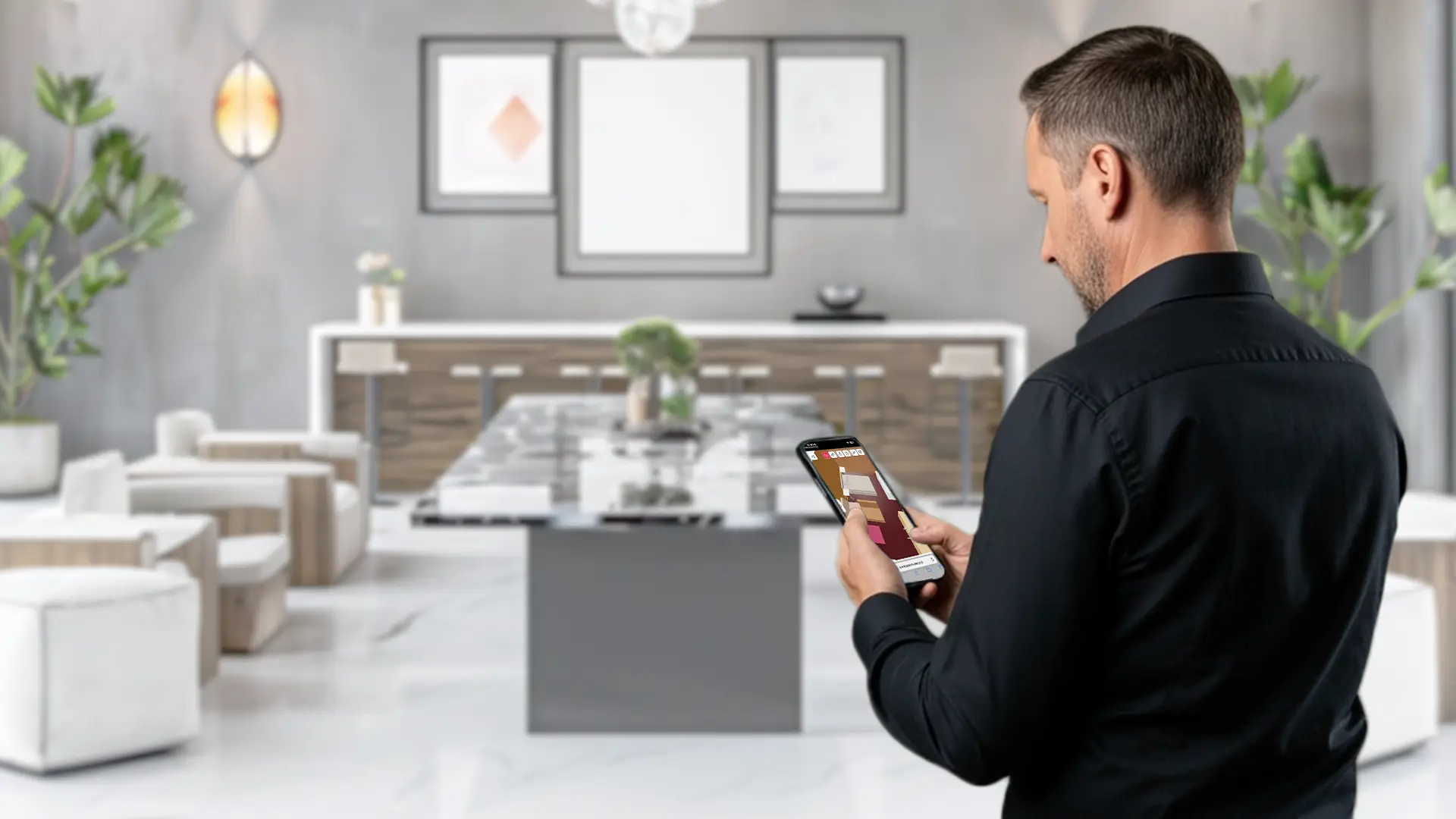 A 40 years old man is checking his iphone after scanning a room with the Metaroom App.