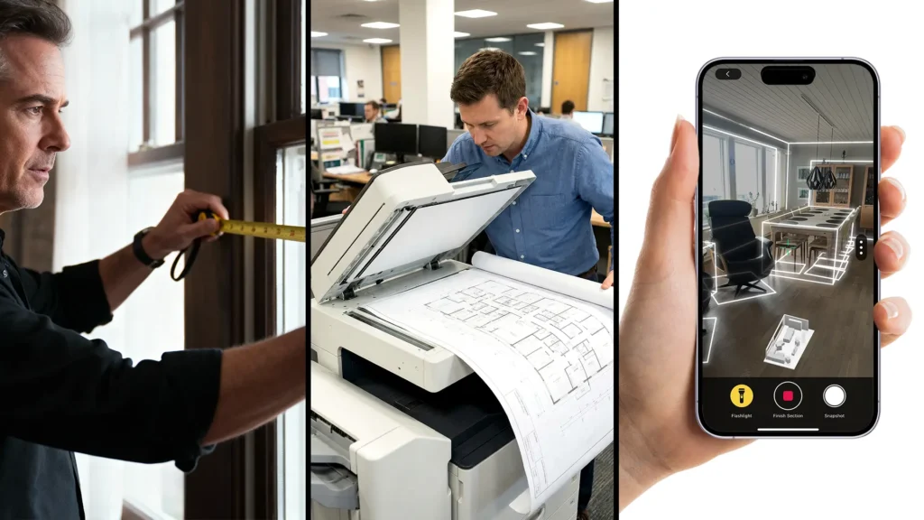 Comparison view on a split screen. On the left, a 45 years old man is measuring a window with a measuring tape. In the center, a 35-year-old man is trying to scan a floorplan at the office, struggling to fit the size in the scanner. On the right, a hand holding an iphone shows a clear scan of a living room.