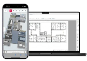 A phone with a 3D model of a building obtained with the Metaroom Scan App and a laptop showing de 2d floor plan inside Ziemer.