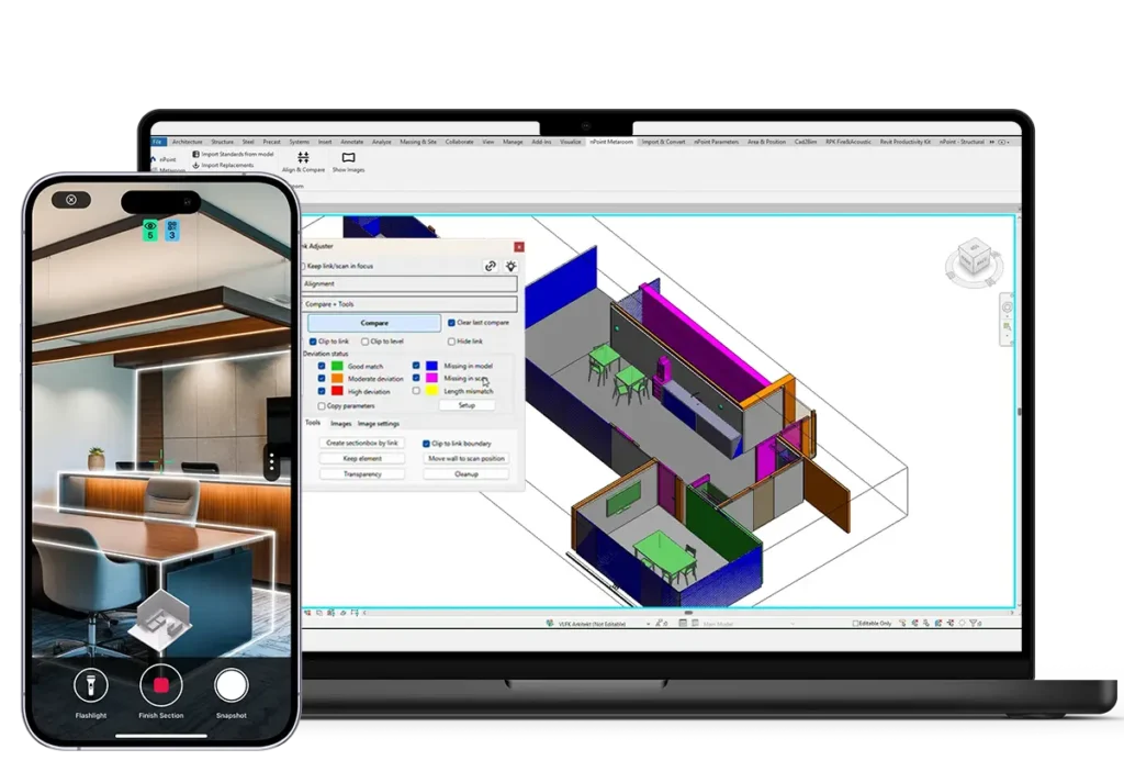 an iphone scanning an office with Metaroom Scan App and a laptop showing the correspondent 3D Model in Revit.